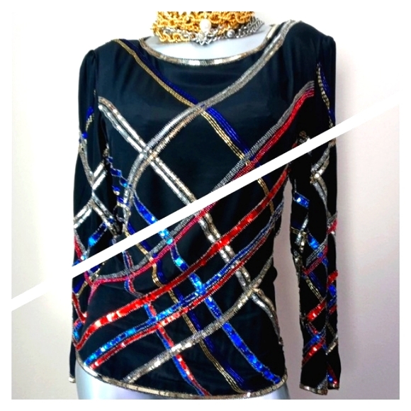 100% Silk "ARGENTI" Sequins & Beads Cocktail Vintage Top - Picture 11 of 14